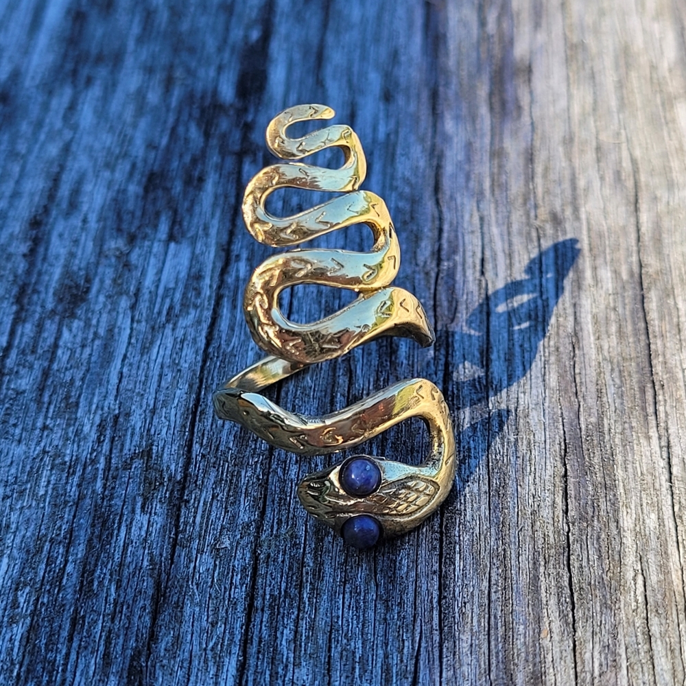 Brass spiral snake serpent animal ring brass stone eyes handmade - Picture 2 of 3